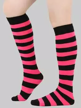 Носки до середины икры или колена в красно-белую полоску, унисекс, 1 пара, розовая фуксия