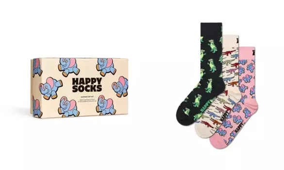 Носки Happy Socks (коробка, 3 пары), Подарочный набор "Слон", черный