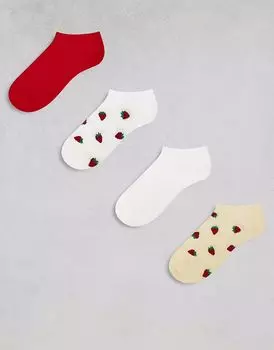 Носки Lindex с салатовым краем и клубничным узором, 4 шт. в упаковке, цвет мульти