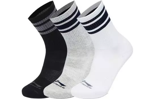 Носки LiNing Sports Life Collection CF Tracing длиной до середины голени унисекс, 3 пары, черный + светло-серый + белый