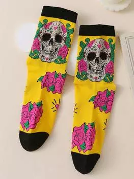 Носки POMOi длиной до середины икры с темным черепом и цветочным узором, желтый