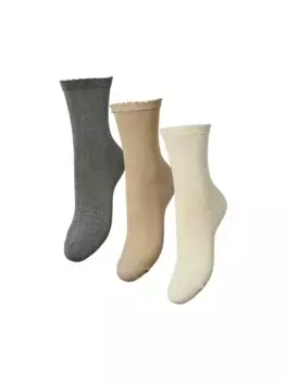 Носки шт. "PCSEBBY GLITTER LONG 3-PACK SOCKS NOOS" (комплект, 3 пары), с ребристыми манжетами и фестончатым краем Pieces, цвет Birch Pack:3 Pack Birch/Natural/Deep Lichen