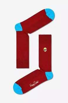 Носки в рубчик с вышивкой Happy Socks, красный