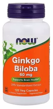 Now Foods Ginkgo Biloba 60 mg препарат, поддерживающий работу нервной системы и улучшающий память и концентрацию, 120 шт.