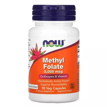 NOW Foods, метилфолат, 5000 мкг, 50 растительных капсул