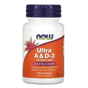NOW Foods, ультра-добавка, витамины A и D3, 100 капсул