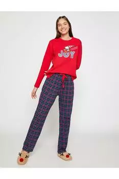 Новогодний тематический пижамный комплект с принтом Snoopy и лицензией, мягкая текстура Koton, красный