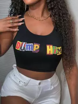 Новый продукт SHEIN Slayr: майка со спортивным принтом, облегающего кроя, с резинкой и удобным расположением, черный цвет