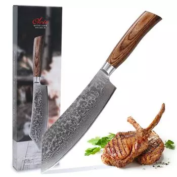Нож для барбекю и блок Wakoli Edib Pro Damascus I лезвие 20 см I деревянная ручка Pakka