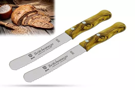 Нож для булочек SMI 22,5 см, нож для завтрака, зубчатый край, горбатый нож из нержавеющей стали, ручка из оливкового дерева, нельзя мыть в посудомоечной машине - 2 шт. в упаковке Solingen