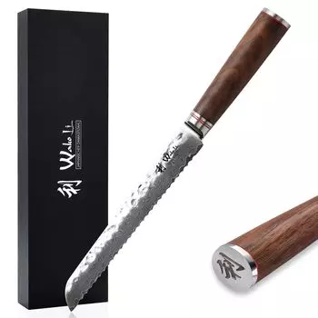 Нож для хлеба из дамасской древесины ореха Ваколи I лезвие 20 см I ручка из орехового дерева Wakoli