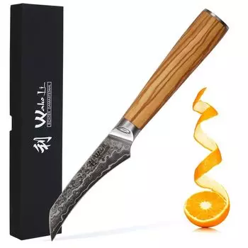 Нож для очистки овощей Wakoli Oribu I, 8,50 см, чрезвычайно острое лезвие из 67 слоев I, профессиональный кухонный нож с ручкой из оливкового дерева