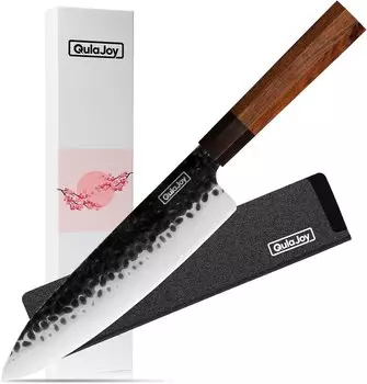 Нож Qulajoy Gyuto, 8 дюймов - Профессиональный японский нож шеф-повара - Острый как бритва режущий стержень 9cr18mov - Кухонный нож с ручным молотком - Восьмиугольная ручка из палисандра с ножнами