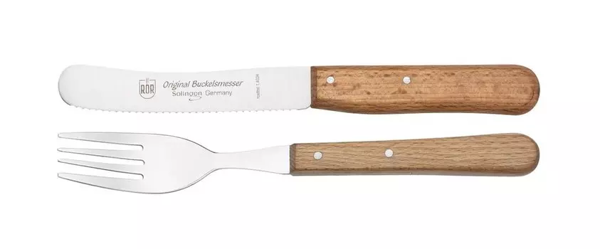 Нож RR с зубчатым краем + вилка, 2 шт. с ручкой из бука — идеальный набор столовых приборов для обеденного стола — 10283-2