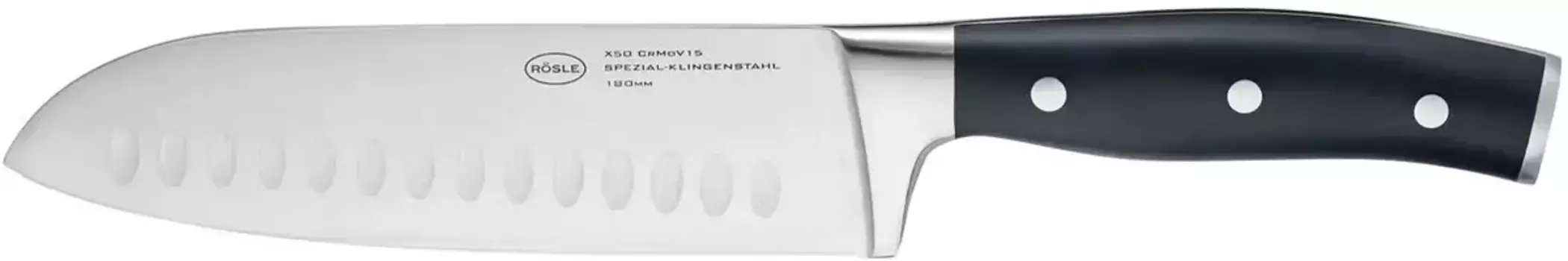 Нож RSLE Santoku "Традиция", (1 шт.), для мяса, рыбы и овощей, рифленая заточка, лезвие из специальной стали Общая длина 31,5 см, Длина клинка 17,5 см., серебристый/черный