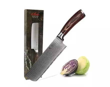 Нож Wakoli EDIB Nakiri I Лезвие длиной 17,50 см из 67 слоев дамасской стали I Рукоять из дерева Пакка