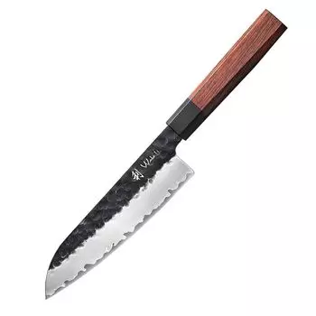 Нож Wakoli Kensei I Santoku - лезвие 18,5 см из трехслойной композитной стали - рукоять из красного дерева и рога буйвола