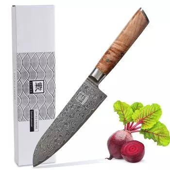 Нож Zayiko Kinone дамасский сантоку I, лезвие 17 см, кап, деревянная ручка, береза