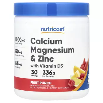 Nutricost, Кальций, магний и цинк с витамином D3, фруктовый пунш, 336 г (12 унций)