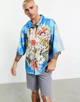 Объемная атласная рубашка Revere с заниженными плечами и принтом ASOS DESIGN