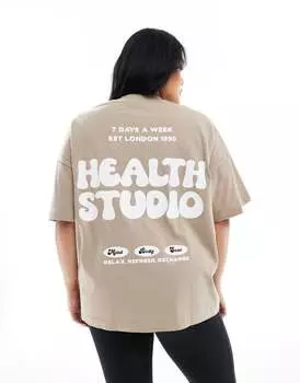 Объемная футболка с принтом «здоровье» на спине ASOS 4505 Curve Studio латте