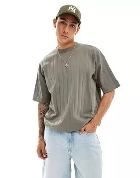 Объемная футболка свободного кроя ASOS DESIGN цвета хаки в рубчик с текстурой