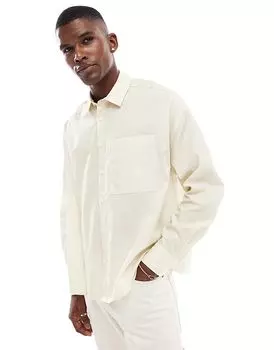 Объемная рубашка оверсайз с вышивкой в полоску цвета слоновой кости ASOS DESIGN