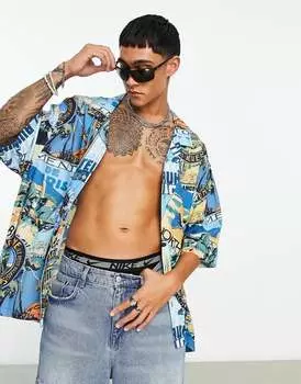 Объемная рубашка Revere с приспущенными плечами и принтом в виде открытки ASOS