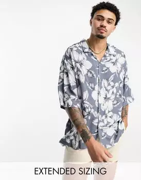 Объемная рубашка Revere серого цвета с заниженными плечами ASOS DESIGN в винтажном гавайском принте