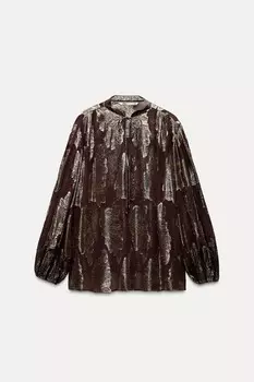 Объемная рубашка с металлической нитью ZARA, коричневый