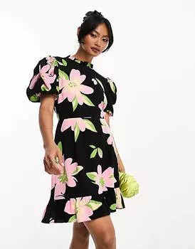 Объемное черное чайное платье с объемными рукавами и пышными рукавами ASOS DESIGN