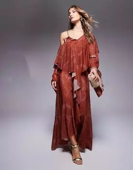 Объемное макси-платье с открытыми плечами и большими оборками с абстрактным принтом цвета ржавчины ASOS DESIGN