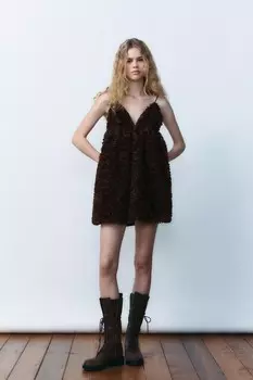 Объемное платье из сетки ZARA, коричневый