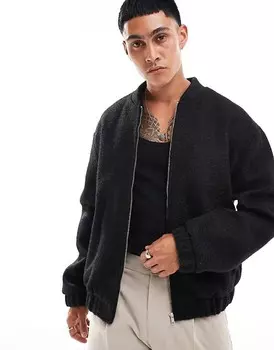 Объемный бомбер черного цвета с эффектом шерсти ASOS DESIGN