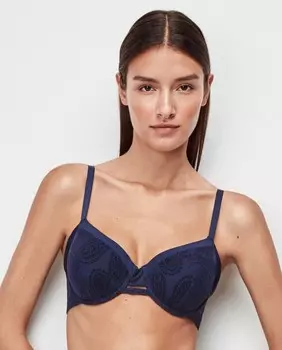 Объемный бюстгальтер на косточках и поролоне из бархатной ткани с вышивкой. Gisela, синий