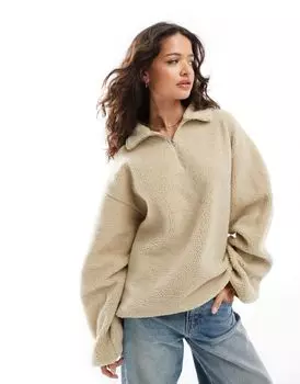 Объемный флис борг с полумолнией ASOS DESIGN нейтрального цвета