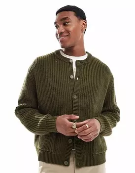 Объемный кардиган цвета хаки из смесовой шерсти с круглым вырезом ASOS DESIGN