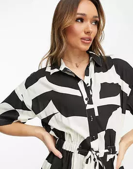 Объемный комбинезон-рубашка с абстрактным принтом и завязкой на талии ASOS DESIGN