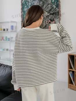 Объемный пуловер Kpop, полоска, заниженная линия плеча, нашивки Dazy, мультиколор