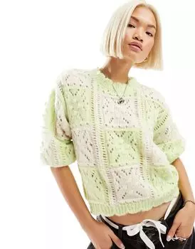 Объемный свитер крючком Vero Moda зеленого и белого цвета лайма