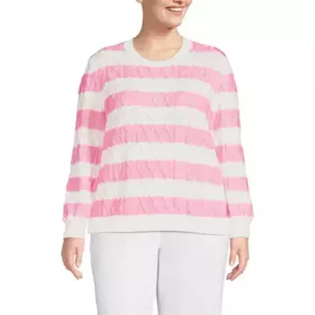 Объемный свитер с арановыми косами и круглым вырезом Lands' End, цвет pink classic stripe