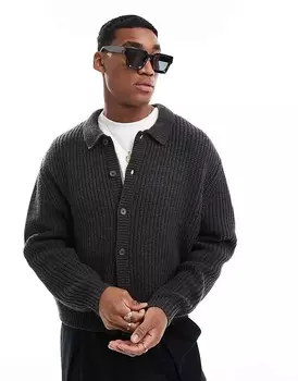 Объемный темно-серый кардиган с пуговицами из смесовой шерсти ASOS DESIGN