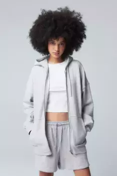Объемный топ с капюшоном и молнией H&M, серый