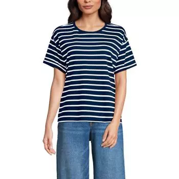 Объемный укороченный футболка с круглым вырезом Petite Lands' End, цвет navy breton stripe
