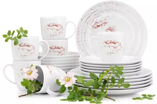 Обеденно-кофейный сервиз Konsimo на 6 персон (24 предмета) "BOSS", белый, фарфор, элегантный, 20,5/18/27см | 380мл