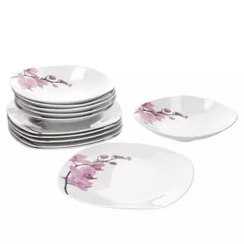 Обеденный сервиз 12 шт. Kyoto Orchid слегка квадратный фарфор на 6 персон белый с декором Van Well