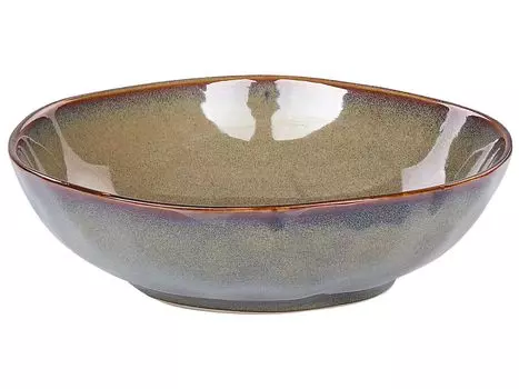 Обеденный сервиз BELIANI Темно-зеленая керамическая посуда из глины и каолина на 4 персоны, 16 предметов с коричневой каймой, круглый набор посуды ручной работы в стиле ретро, столовая посуда, зеленый