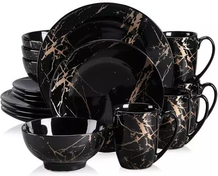 Обеденный сервиз из фарфора, комбинированный сервиз LOVECASA из 16 предметов, красочный, обеденный набор посуды на 4 персоны, обеденные тарелки, чашки, десертные тарелки и миски, черный