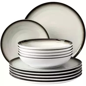 Обеденный сервиз Seltmann Weiden "Набор посуды, 12 предметов, Terra Corso", (набор, 12 предметов, 6 обеденных тарелок около 27,5 см, 6 суповых тарелок около 21 см), рельефный/Corso, производство Германия, белый/антрацит/бежевый/серый