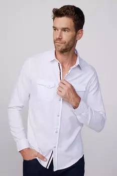 Облегающая белая мужская рубашка из хлопка и льна с двойным карманом и клапаном на кнопке TUDORS